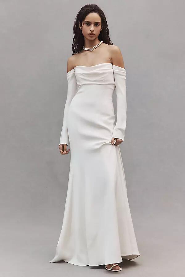 Jenny Yoo Briar Long-Sleeve Off-The-Shoulder Fit & Flare Crepe Wedding Gown Cover