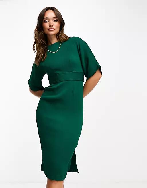 Closet London ribbed pencil dress with tie belt in emerald green Cover