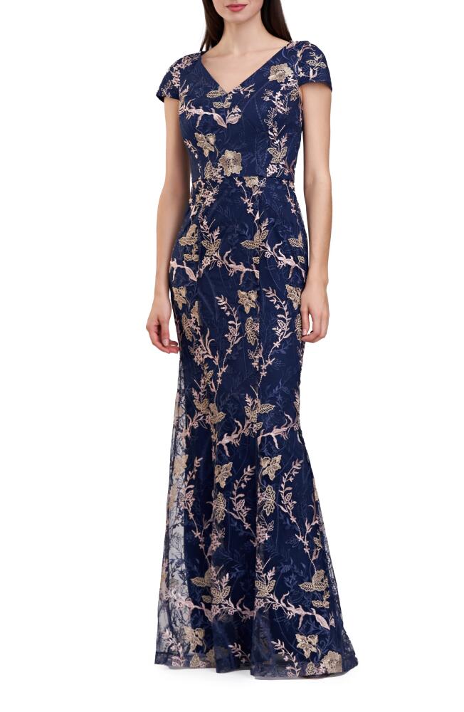 JS Collections Zara Embroidered Metallic Mermaid Gown in Navy/Blush Cover