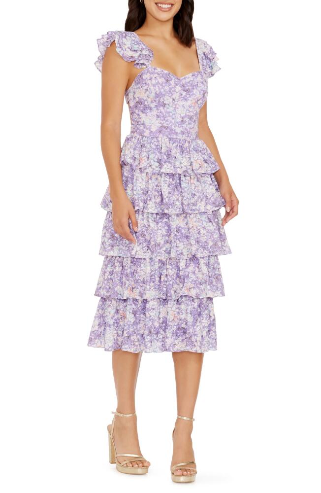 Dress the Population Kristen Floral Ruffle Tier Midi Dress in Lavender Multi Cover