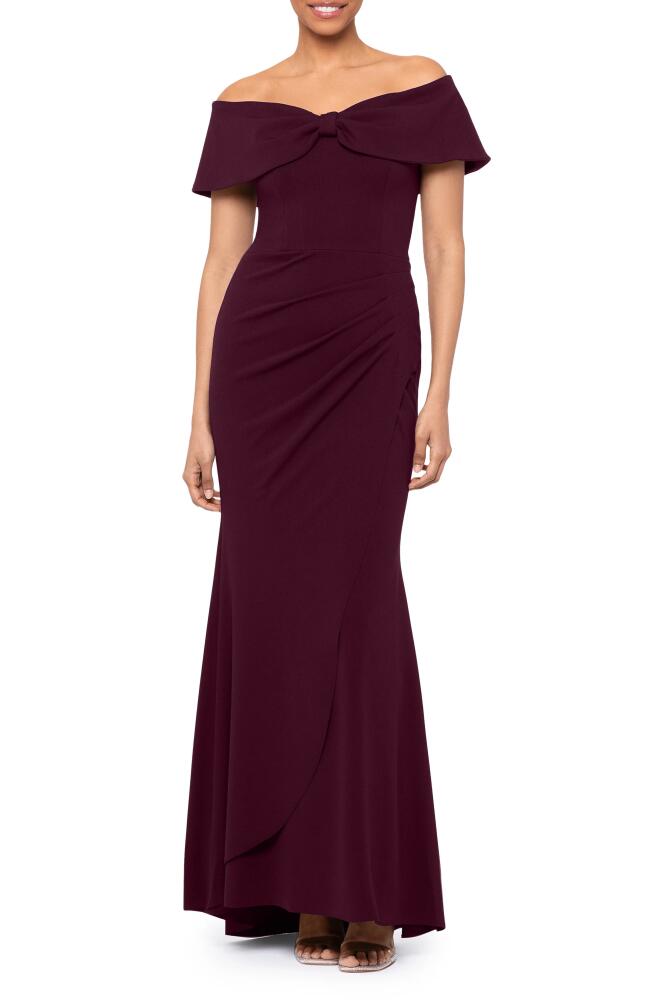 Xscape Evenings Off the Shoulder Scuba Gown in Bordeaux Cover