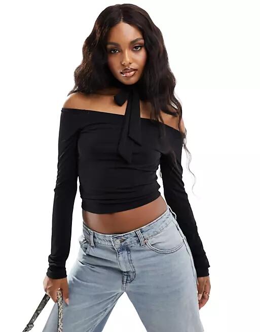 NA-KD x Chloe Monchamp neck detail long sleeve top in black Cover