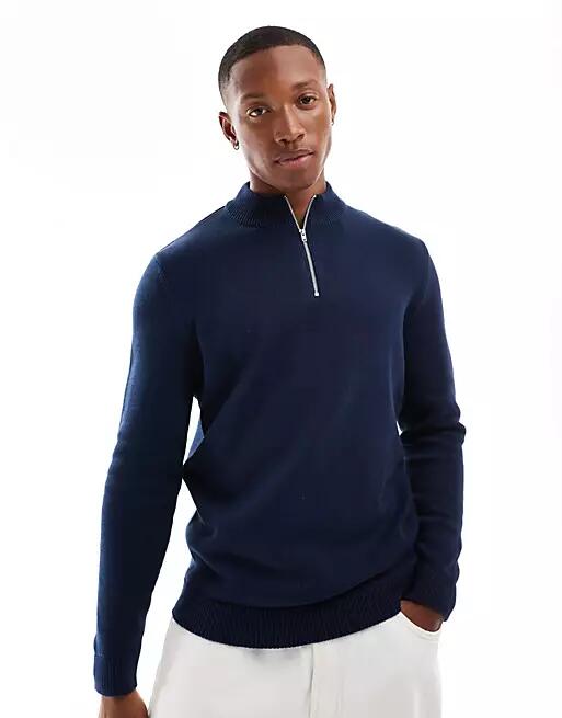 ASOS DESIGN midweight knitted quarter zip neck sweater in navy Cover