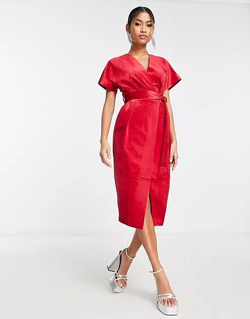 Closet London kimono sleeve velvet midi dress with wrap tie in red Cover