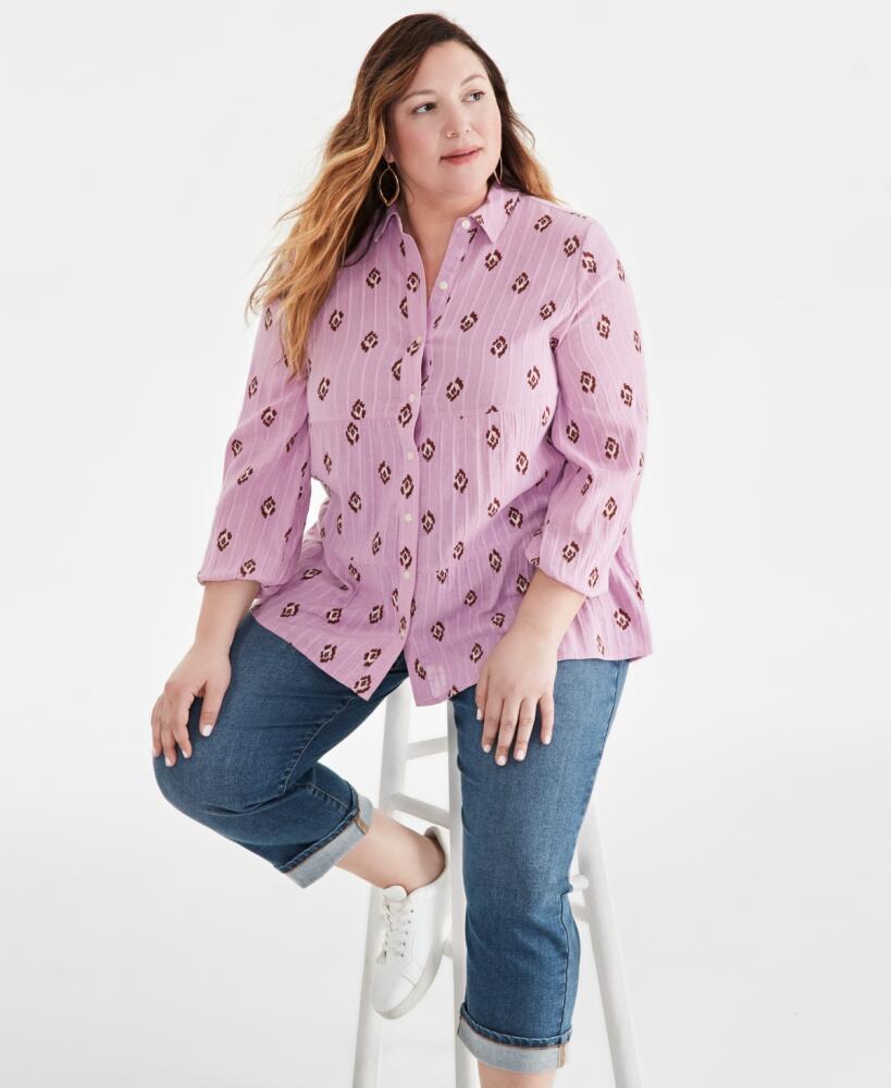 Style & Co Plus Size Ikat Icon Tiered Long-Sleeve Shirt, Created for Macy's - Wine Blush Cover