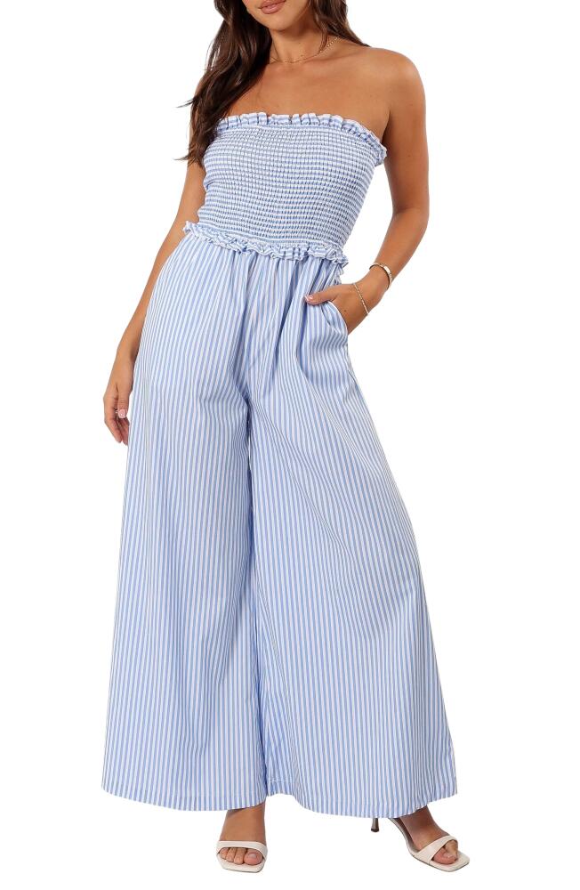 Petal & Pup Jones Smocked Strapless Wide Leg Jumpsuit in Blue Stripe Cover