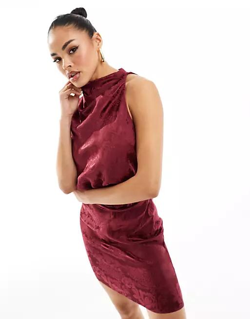 Flounce London high neck sleeveless satin mini dress in port-Red Cover