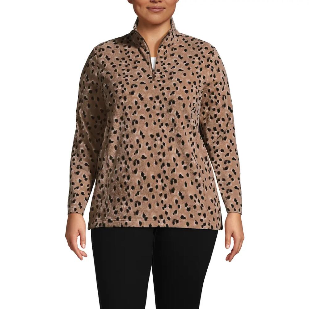 Lands' End Plus Size Anyweather Fleece Quarter Zip Pullover in Warm Tawny Brown Animal Spots Cover