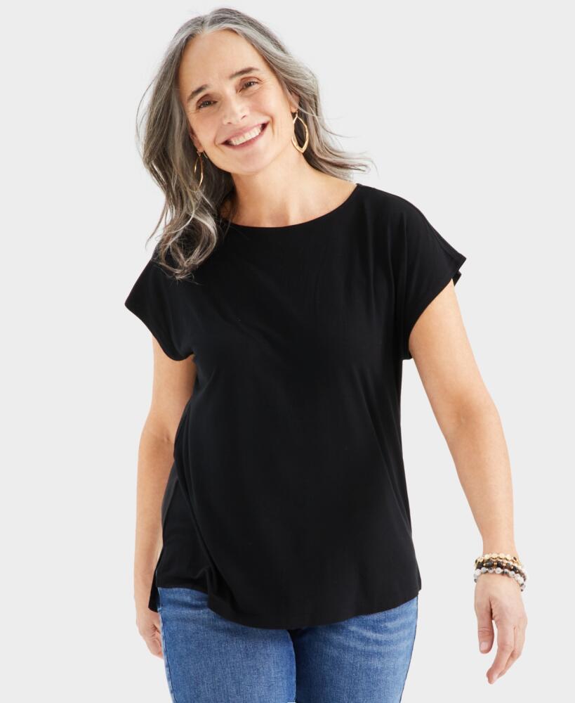 Style & Co Women's Boat-neck Short-Sleeve Mixed Media Tee, Created for Macy's - Deep Black Cover