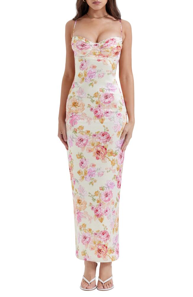 HOUSE OF CB Josefina Floral Bustier Bodice Stretch Satin Body-Con Dress in Ivory Floral Cover