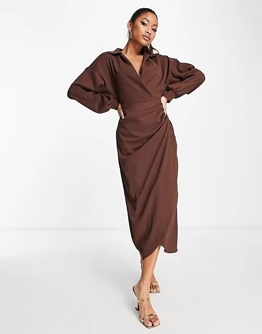 ASOS DESIGN textured collared wrap midi dress in brown Cover