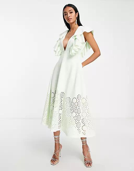 ASOS DESIGN plunge neck cutwork midi prom dress in mint-Multi Cover