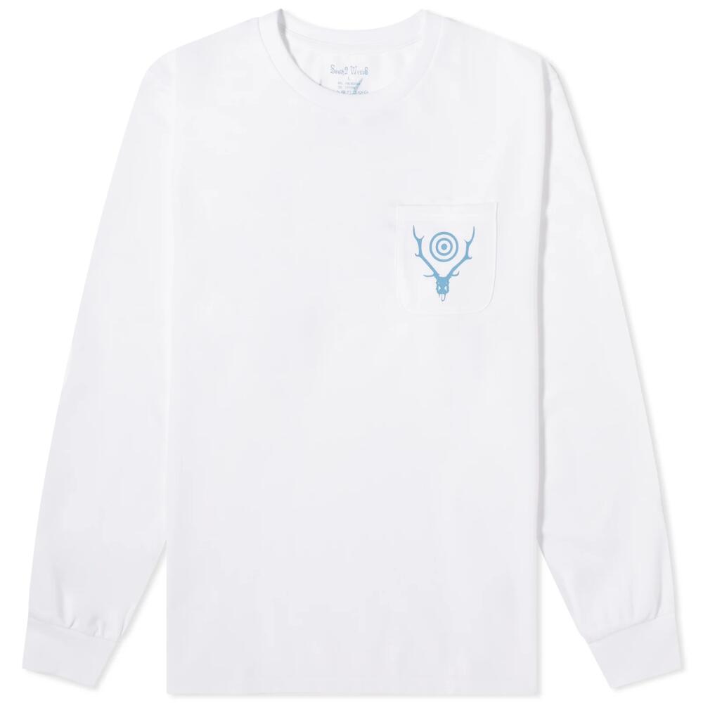 South2 West8 Men's Long Sleeve Circle Horn Pocket T-Shirt in White Cover