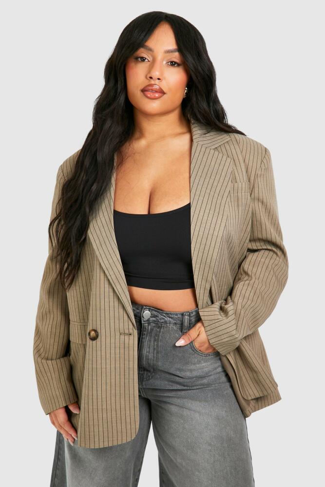 boohoo Womens Plus Linen Look Pinstripe Double Breasted Blazer - Beige Cover