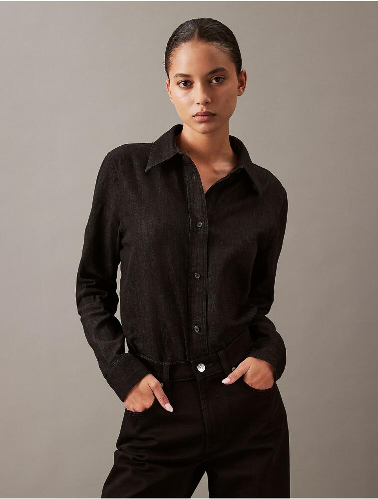 Calvin Klein Women's Chambray Classic Button-Down Shirt - Black Cover