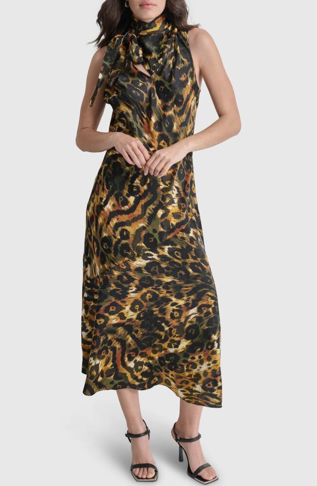 DKNY Print Tie Neck Dress in Autumn Mix Animal Cover