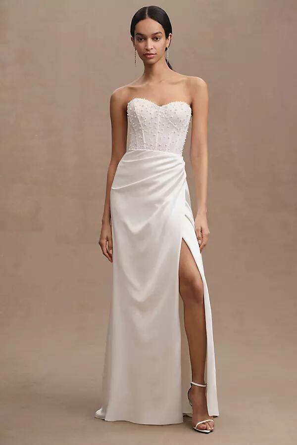 Watters Tilly Strapless Corset Front-Slit Wedding Gown Cover