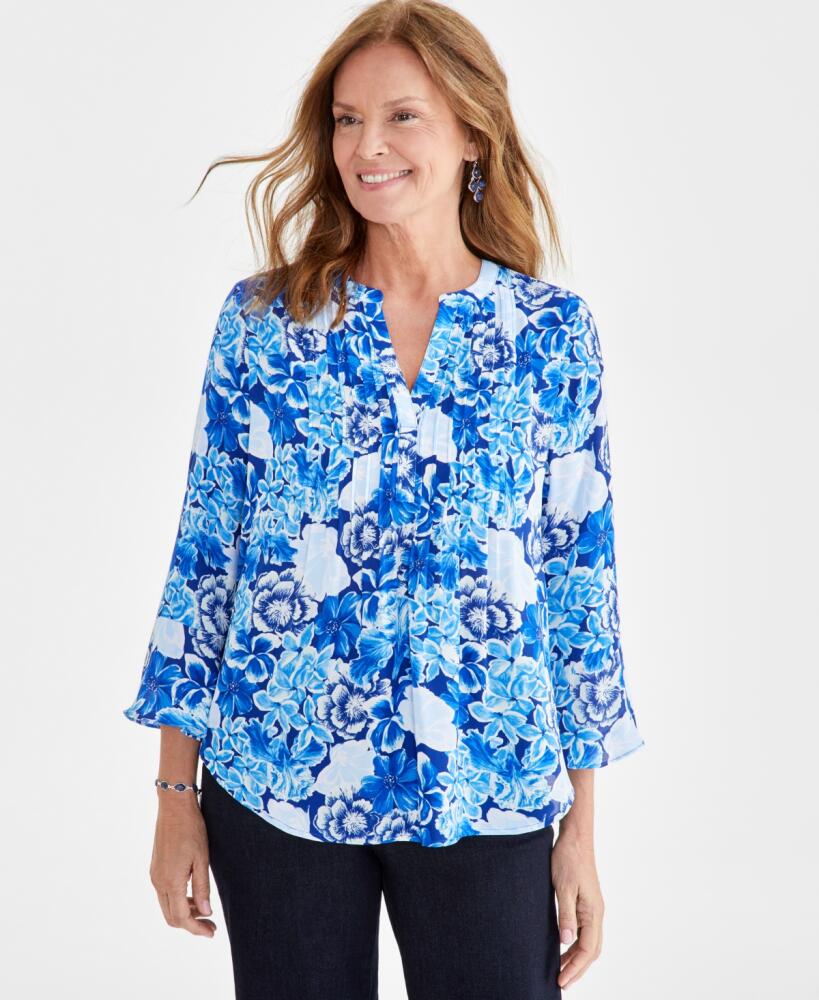 Style & Co Women's Printed Pintuck Ruffle Sleeve Top, Created for Macy's - Blue Floral Cover