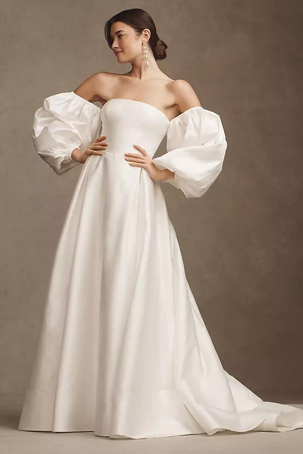 Watters Millie Off-The-Shoulder Removable Puff-Sleeve A-Line Wedding Gown Cover