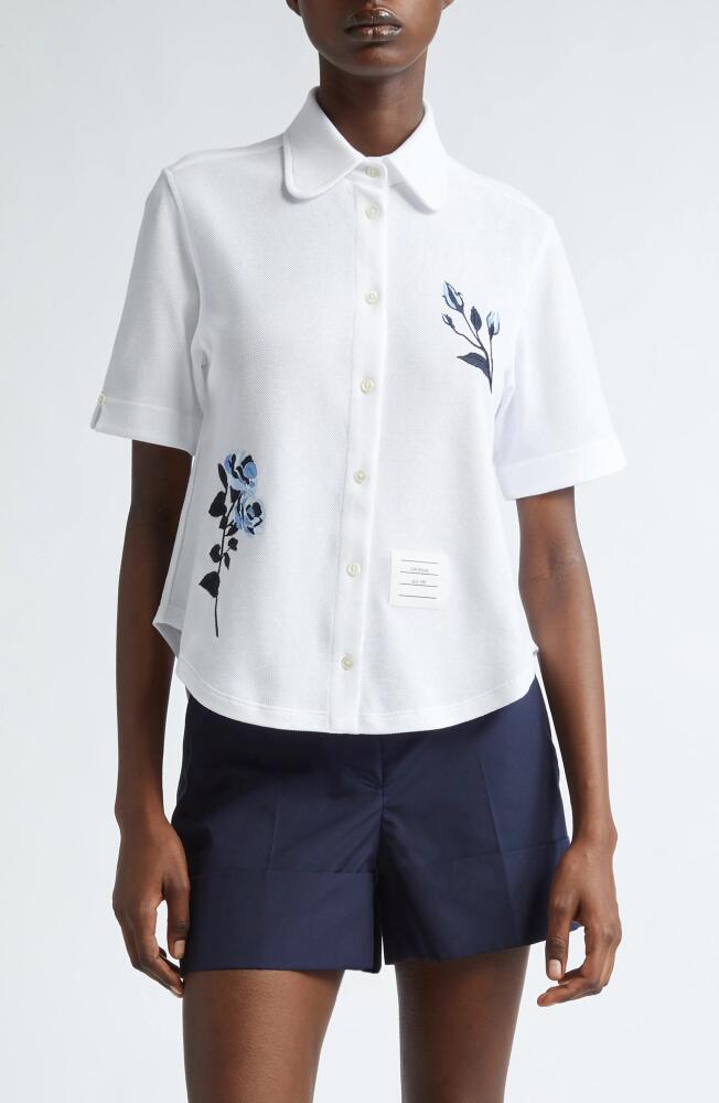 Thom Browne Embroidered Short Sleeve Cotton Button-Up Shirt in White Cover