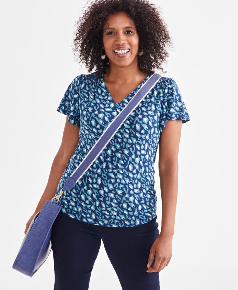 Style & Co Petite Animal Wind Printed V-Neck Flutter-Sleeve Top, Created for Macy's - Animal Blue Cover