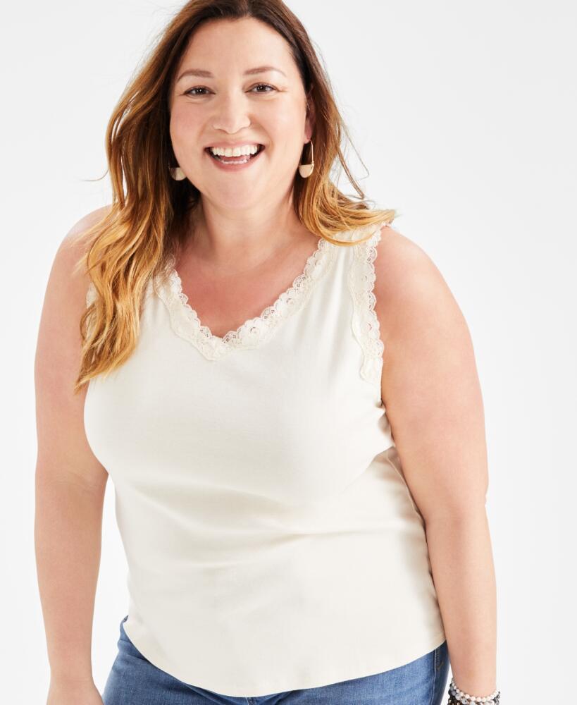 Style & Co Plus Size Lace-Trimmed Tank Top, Created for Macy's - Palomino Cover