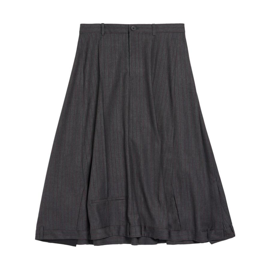 Balenciaga Ladies Grey / Red Pinstripe-Pattern Midi Wool Skirt Cover