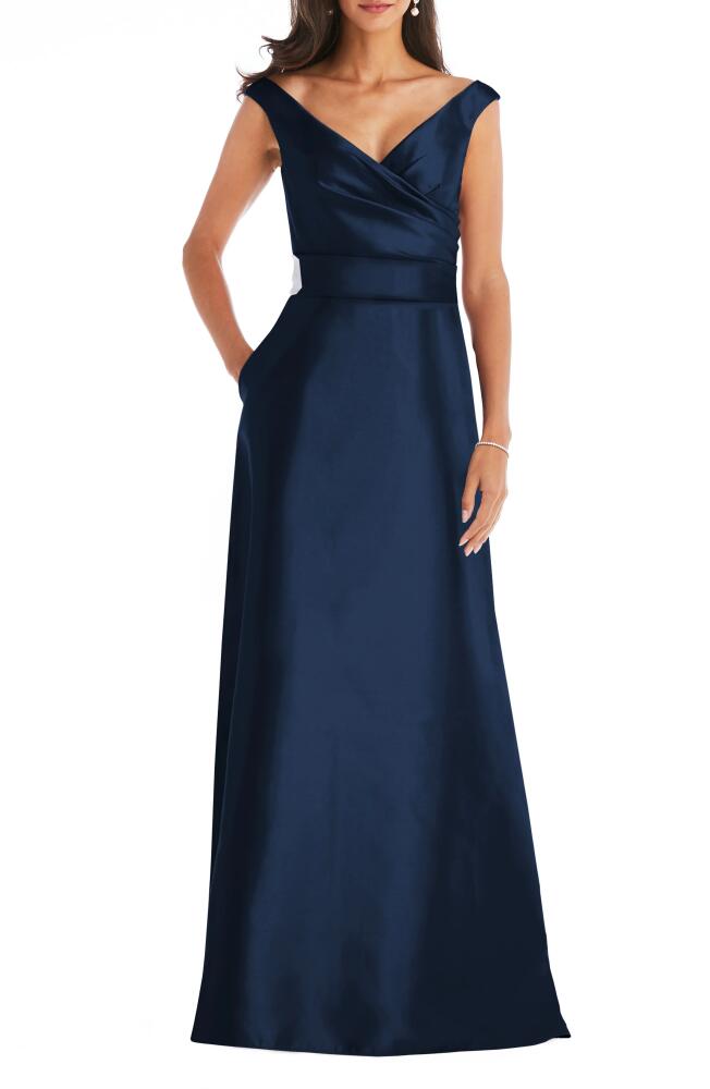 Alfred Sung Off the Shoulder Satin Gown in Midnight Cover