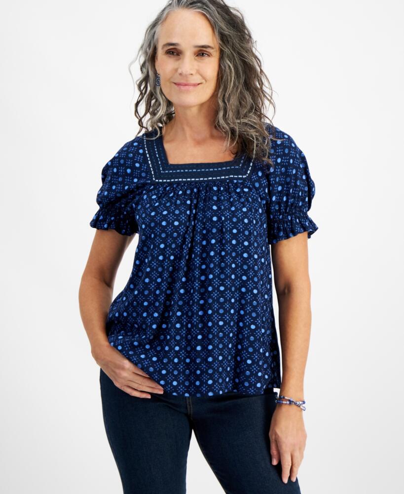 Style & Co Women's Crochet-Square-Neck Short-Sleeve Top, Created for Macy's - Tile Blue Cover