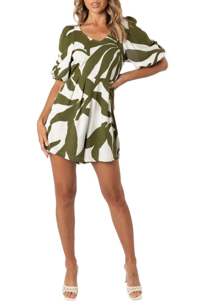 Petal & Pup Matilda Print Puff Sleeve Cotton & Linen Romper in Olive Palm Cover