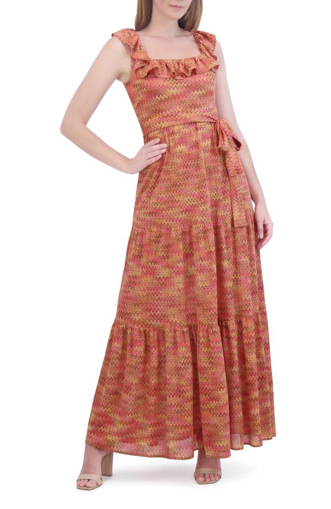 Eliza J Chevron Stripe Tiered Ruffle Maxi Dress in Orange Mult Cover