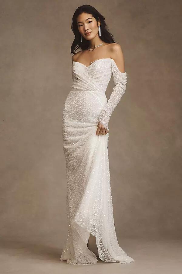 Watters Glimpse Long-Sleeve Off-The-Shoulder Corset Wedding Gown Cover