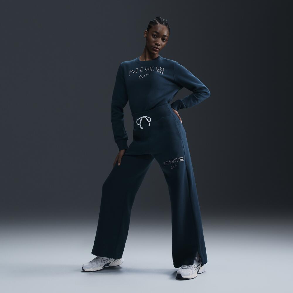 Women's Nike Sportswear Phoenix Fleece High-Waisted Wide-Leg Logo Pants in Blue Cover