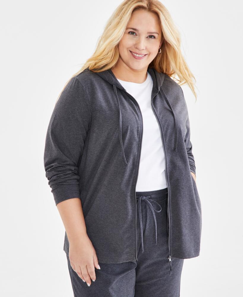 Style & Co Plus Size Zip-Up Hooded Sweatshirt, Created for Macy's - Charcoal Heather Cover