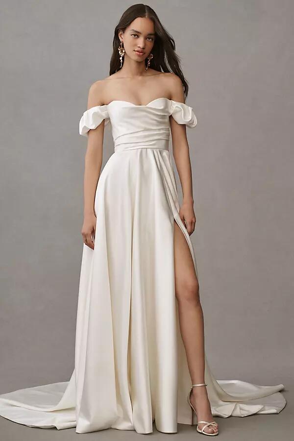 Jenny Yoo Kennedy Off-The-Shoulder A-Line Satin Wedding Gown Cover