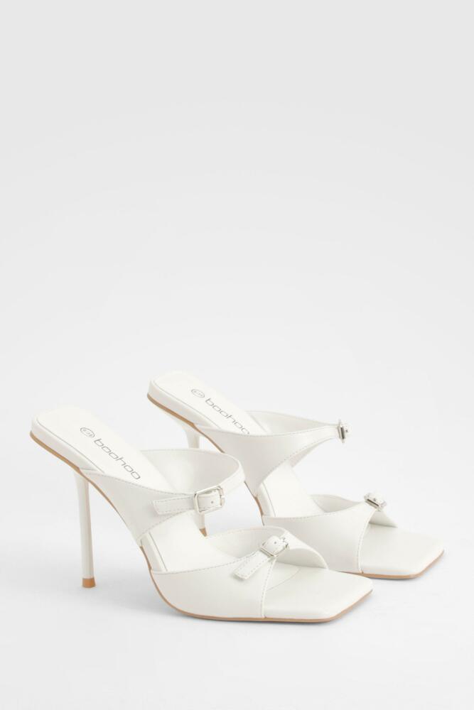 boohoo Womens Double Buckle Square Toe Heeled Mules - White Cover