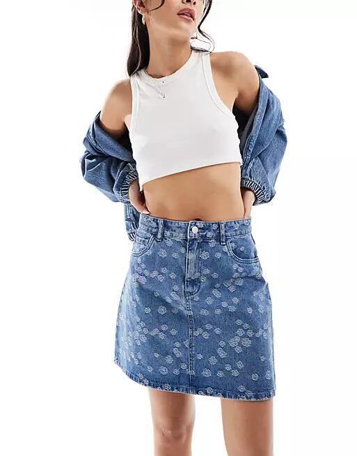 Vero Moda denim a-line mini skirt in embroidered floral print-Blue Cover