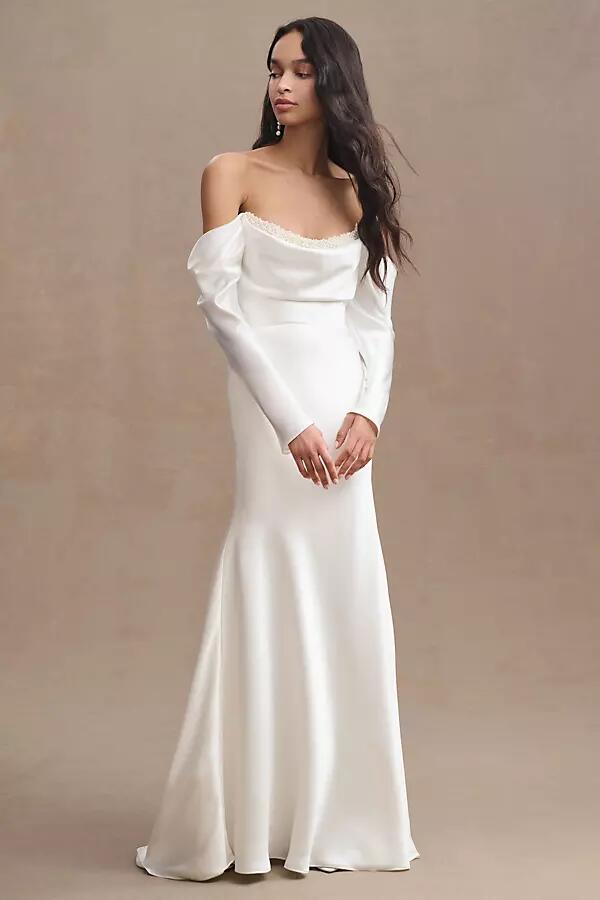 Watters Garance Off-Shoulder Satin Sheath Wedding Gown Cover