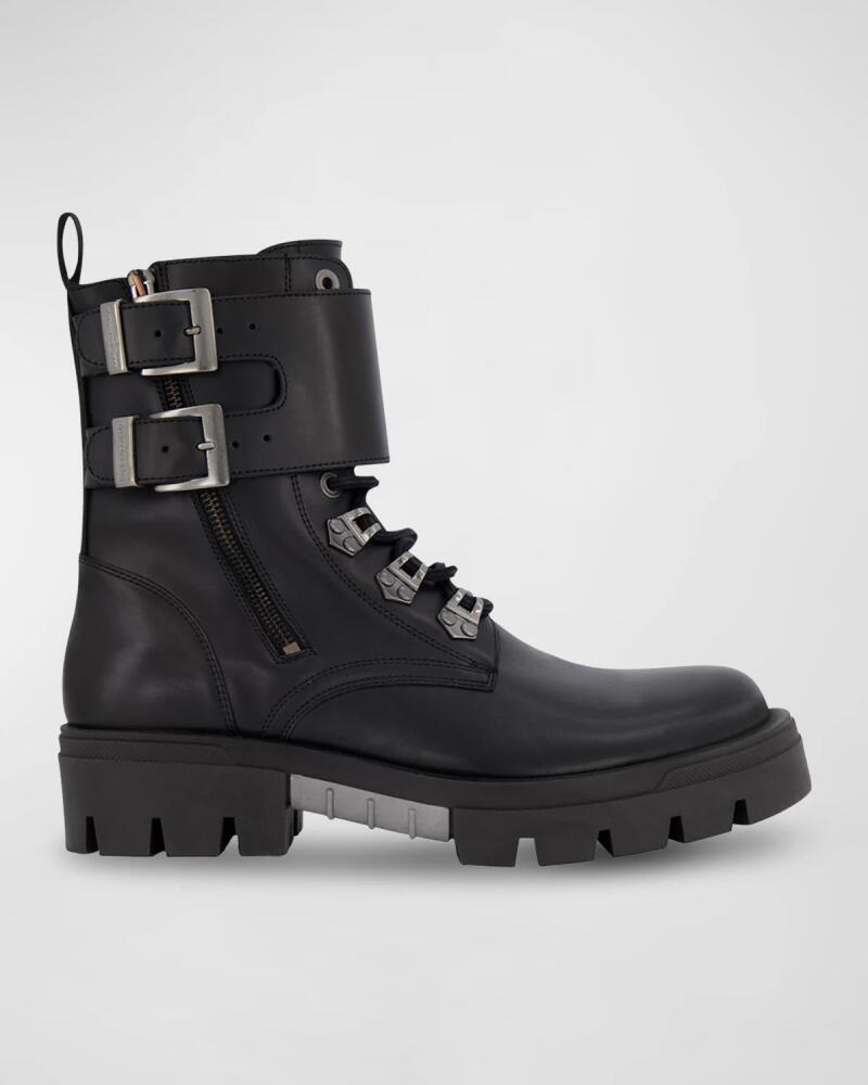 Karl Lagerfeld Paris Men's Double-Buckle Monk Leather Combat Boots Cover