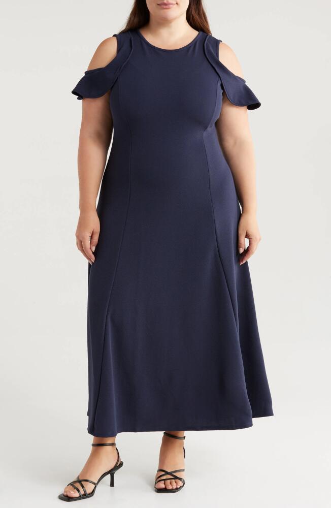 24seven Comfort Apparel Ruffle Cold Shoulder Maxi Dress in Navy Cover