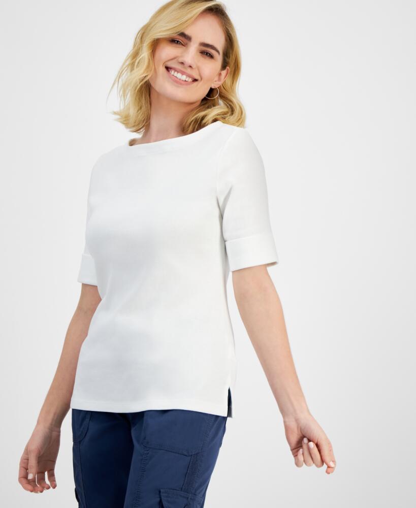 Style & Co Petite Cotton Elbow-Sleeve Boat-Neck Top, Created for Macy's - Bright White Cover