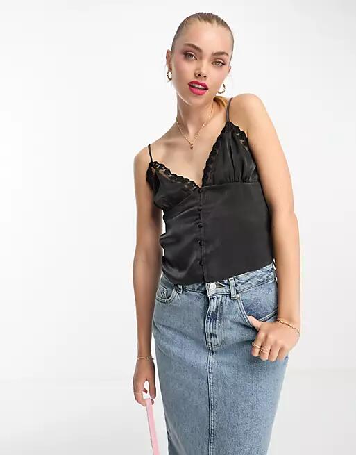 Miss Selfridge satin lace trim cami top in black Cover