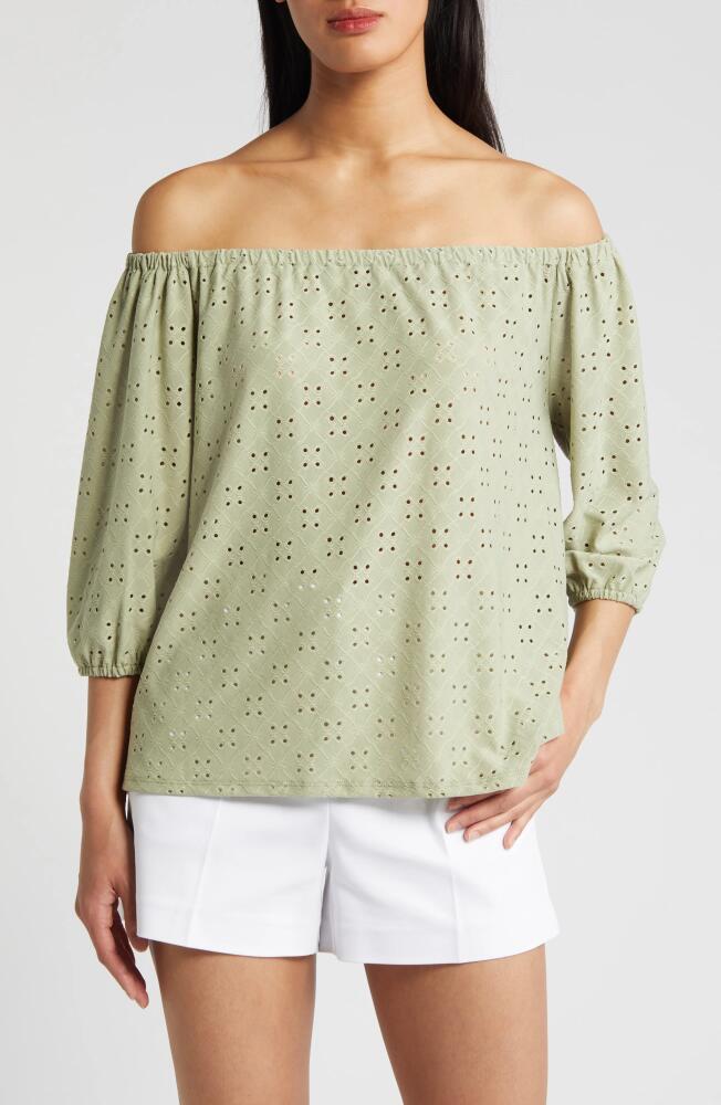 Loveappella Eyelet Off the Shoulder Top in Sage Cover