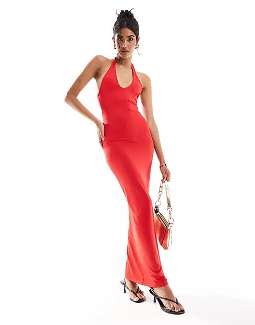 Bershka halterneck bodycon maxi dress in red Cover