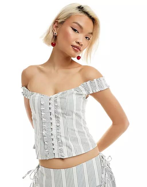 Motel stripe ruffle corset detail top in blue gray Cover