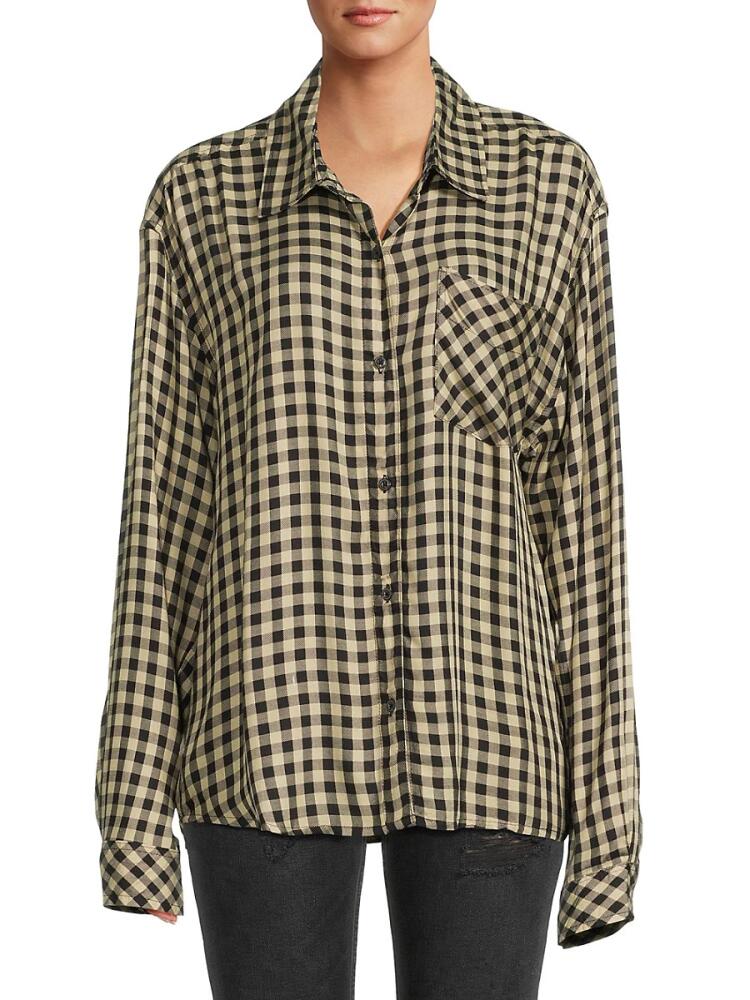 WeWoreWhat Women's Gingham Check Boyfriend Shirt - Black Khaki Cover