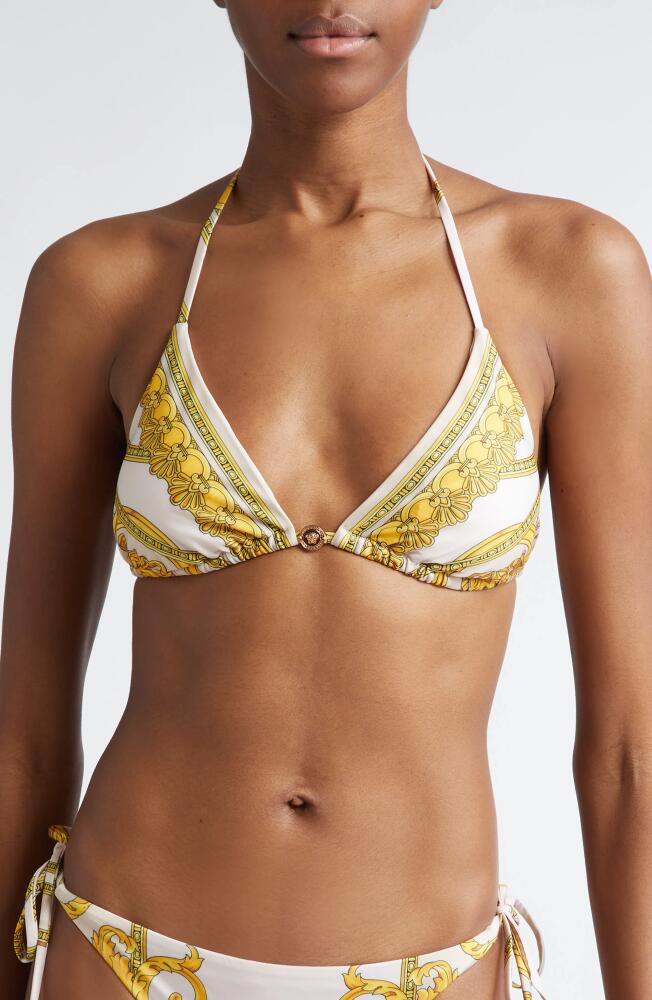 Versace Heritage Print Triangle String Bikini Top in Beige Light Beige Gold Cover