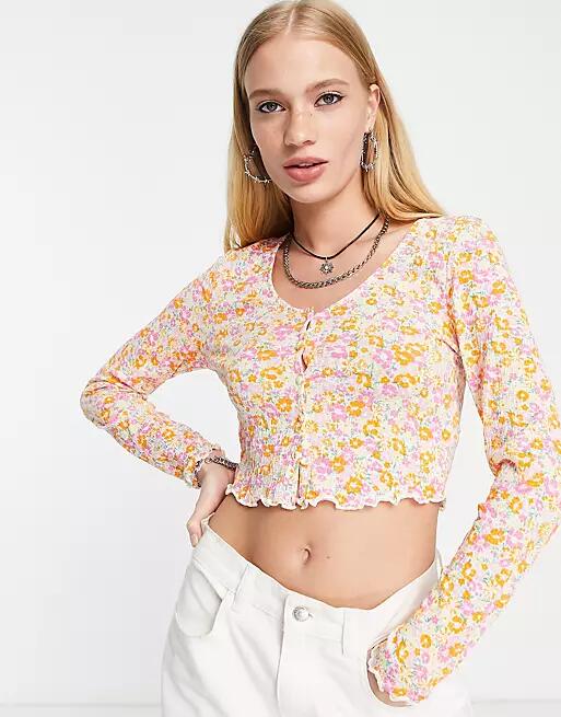 Only ribbed cropped cardigan in pastel floral-Multi Cover