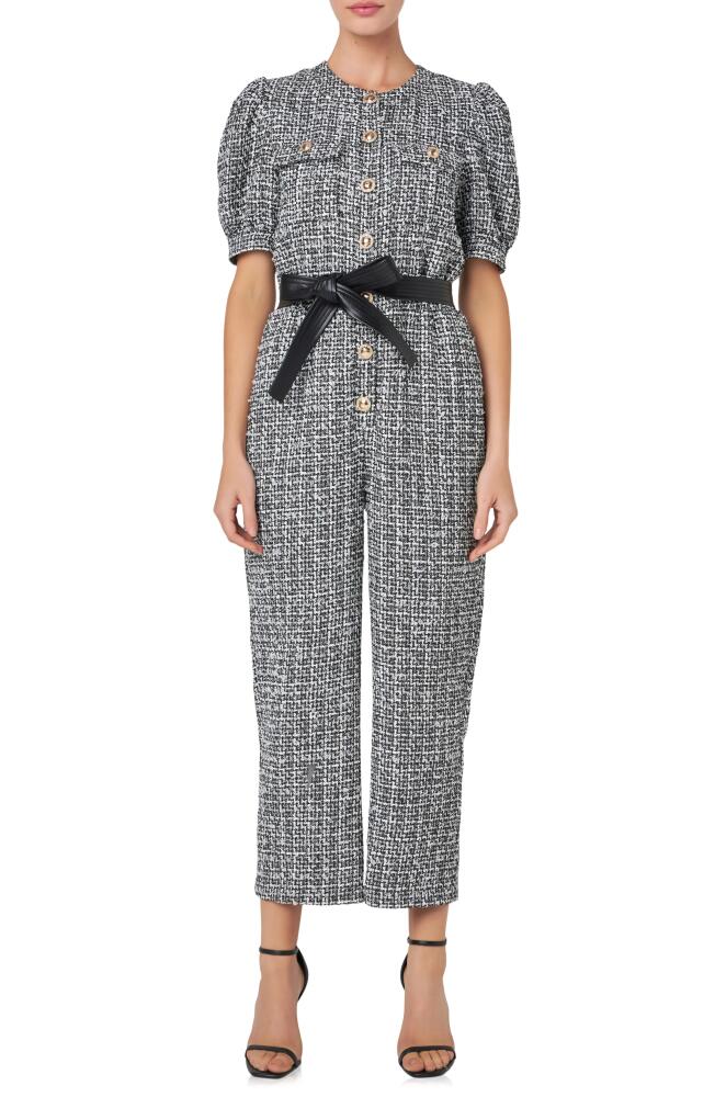 English Factory Tweed Puff Sleeve Ankle Jumpsuit in Black/White Cover