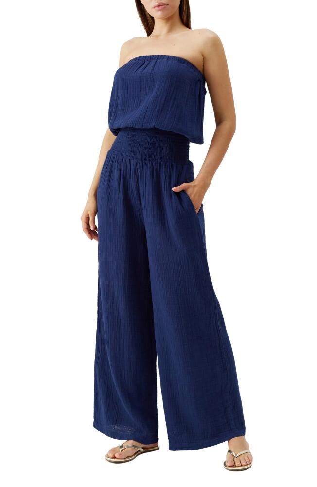 Melissa Odabash Naomi Strapless Cotton Gauze Cover-Up Jumpsuit in Navy Cover